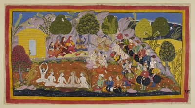 Rama sitzt auf einer Matte und Bharata drängt ihn weiterhin, nach Ayodhya zurückzukehren, um gekrönt zu werden von Indian School