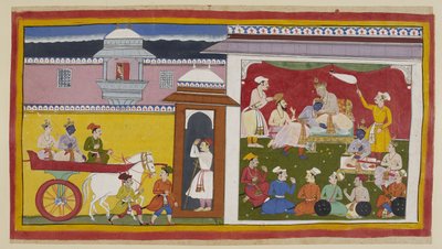 Sumantra bringt Rama und Laksmana in einem Streitwagen zur Durbar-Halle von Dasaratha, während eine Frau von oben durch ein Jharokha hinunterschaut. Der König begrüßt Rama, informiert ihn über seine Entscheidung und setzt ihn auf einen kleinen Thron neben  von Indian School