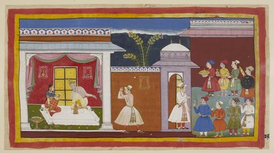 Add 15296 (1) f.27r, Vasistha hat Sumantra gesagt, er solle dem König mitteilen, dass alles bereit ist, und er informiert Dasaratha darüber. Er wird von Kaikeyi, mit Dasarathas stillschweigender Zustimmung, angewiesen, Rama zu holen. Vor dem Palasteingang  von Indian School