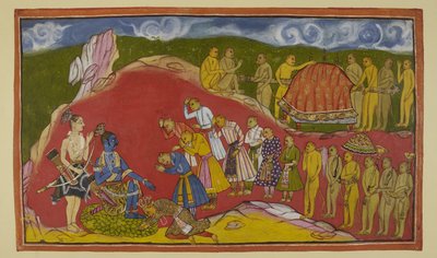 Rama sitzt auf einem Sitz aus Lotusblättern in seiner Höhle, mit Laksmana neben ihm, und ist überglücklich, die riesige Armee von Affen zu sehen, die Sugriva mitgebracht hat von Indian School