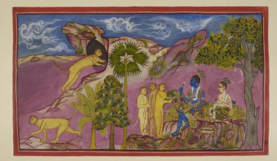 Sugriva erzählt Rama, dass er gesehen hat, wie Sita von Ravana in einem Streitwagen entführt wurde, kämpfend und die Namen von Rama und Laksmana rufend. Als sie ihn unten sah, ließ sie ihre Juwelen und ein Obergewand fallen. Sugriva rennt zu einer Höhle. von Indian School