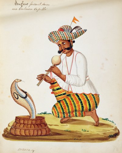 Ein indischer Schlangenbeschwörer mit einer Kobra, aus einem französischen Album mit Zeichnungen von Indian School