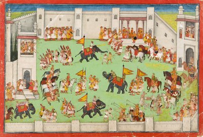 Ankunft des Bräutigams im Palast, Folio aus einem Ramayana von Indian School