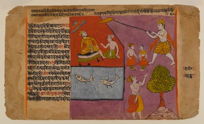 Balarama zieht Hastinapur zum Ganges, Seite aus einer Bhagavata Dasamskanda Serie von Indian School