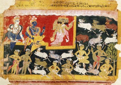 Brahma huldigt Krishna als Inkarnation von Vishnu, um 1540-1575 von Indian School