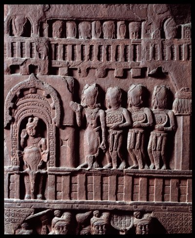 Buddhismus: „Detail des Sieges über Mara“ Detail des Stupa von Bharhut. Schwarzes Steinrelief, 2. Jahrhundert v. Chr. - Kolkata, Indian Museum von Indian School
