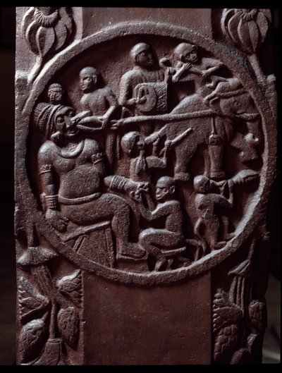 Buddhismus: „Affen fangen einen Elefanten und schleppen ihn, um den Zahn des Riesen zu extrahieren“ (Detail) vom Stupa von Bharhut (Barhut, Barouth). Flachrelief aus schwarzem Stein, 2. Jahrhundert v. Chr. - Kalkutta, Indisches Museum von Indian School