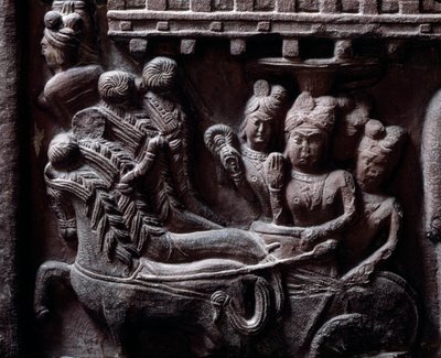Buddhismus: „Prasenjits letzter Besuch bei Buddha“ Detail des Stupa von Bharhut. Flachrelief aus schwarzem Stein, 2. Jahrhundert v. Chr. - Kolkata, Indian Museum von Indian School