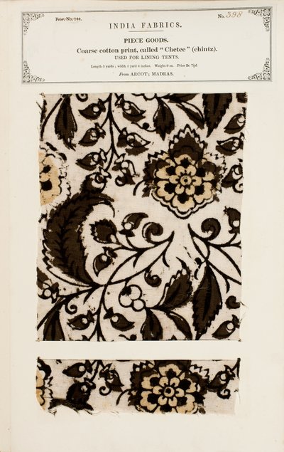 Kleine glasierte Palampore- oder Bettdeckenprobe aus Masulipatam in Madras, aus The Collection of the Textile Manufacturers of India, von John Forbes Watson, veröffentlicht 1866 von Indian School