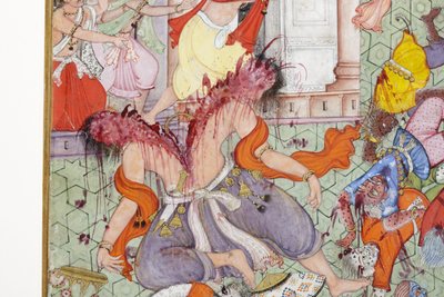 (Detail) Krishna spaltet den Dämon Narakasura mit seinem Diskus, ca. 1585-90 von Indian School