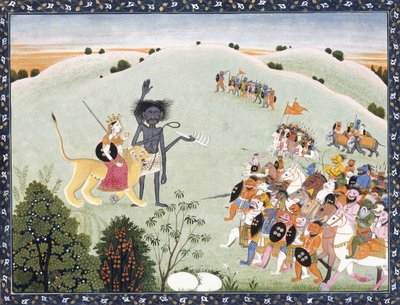 Durga und Kali vor der vorrückenden Dämonenarmee, um 1800-1820 von Indian School