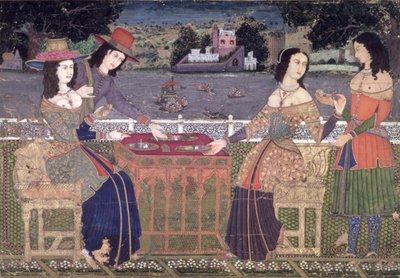 Europäer erfrischen sich auf einem Balkon, Mughal, möglicherweise Deccan (Deckfarben auf Papier) von Indian School