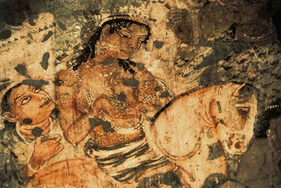 Figur einer Frau auf dem Rücken eines Pferdes, Wandmalerei in den Ajanta-Höhlen (Nummer 1), Gupta-Periode, 5.-6. Jahrhundert von Indian School
