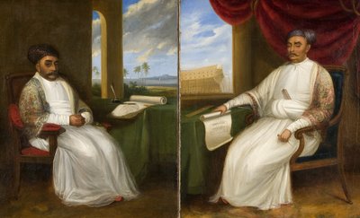 Ganzkörperporträt des Parsi-Meisterschiffbauers Jamsetjee Bomanjee und seines Sohnes Nourojee Jamsetsee, 1830 von Indian School