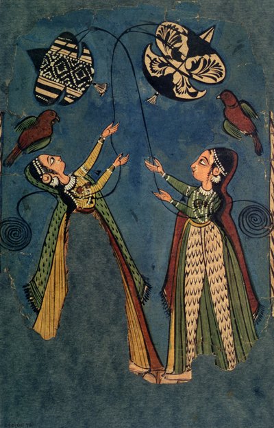Mädchen lassen Drachen steigen, Kulu-Volksmalerei, Himachal Pradesh von Indian School