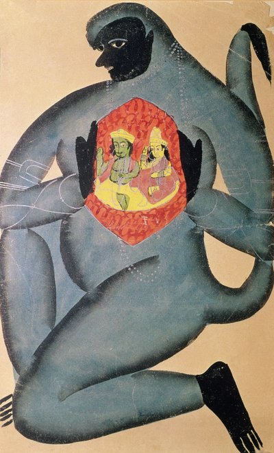 Hanuman enthüllt Rama und Sita, die in seinem Herzen eingeschlossen sind, gemalt von einem Mitglied der Patua-Kaste, 1880 von Indian School