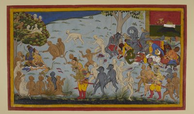 Hanumān und Vibhīṣaṇa bringen den verwundeten Lakṣmaṇa zu Rāma, der ihn heilt von Indian School