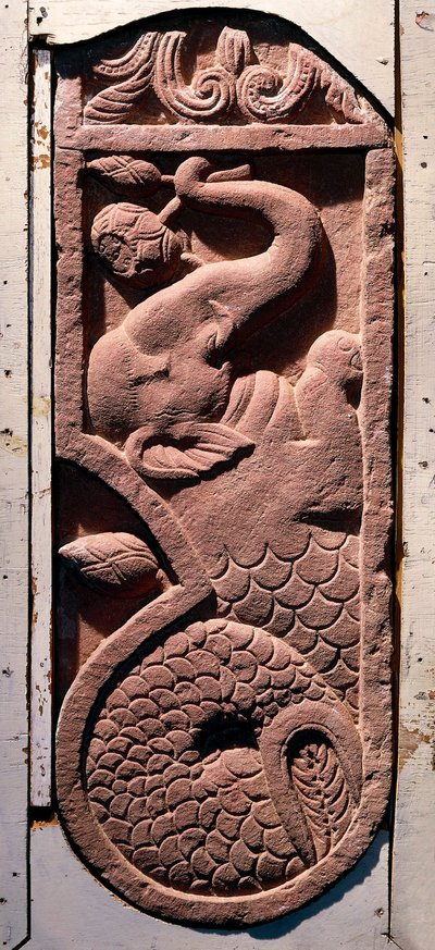 Indische Kunst: „Ein Fischschwanz-Elefant“ Periode Kouchane (Kushan oder Kouchan) aus Sonkh, Mathura. 1. Jahrhundert n. Chr. Mathura, Archäologisches Museum von Indian School