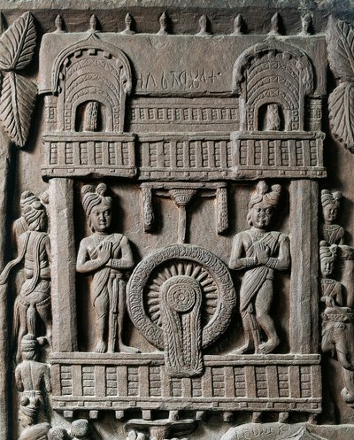 Indische Kunst, Hinduismus: Flachrelief, das den letzten Besuch von König Prasenjit II. bei Gautama Buddha darstellt. 2. Jahrhundert v. Chr. Kolkata, Indian Museum von Indian School