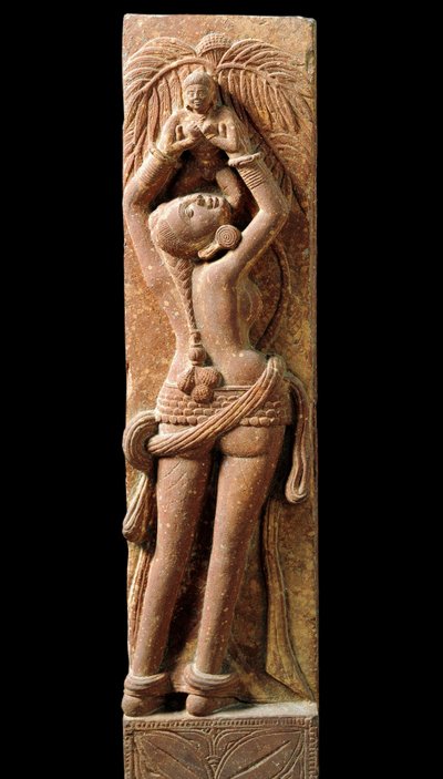 Indische Kunst: Reliefstrümpfe, die eine Mutter und ihr Kind darstellen. Periode Kouchane (Kouchan oder Kushan) 1. Jahrhundert - Neu-Delhi, Nationalmuseum von Indian School