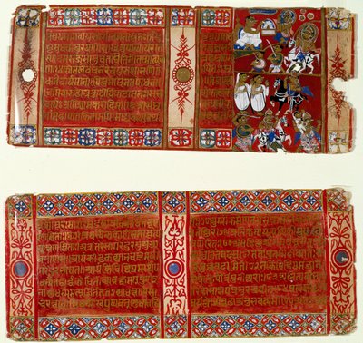 Kalaka wird ein Jain-Mönch; Kalaka entführt die Nonne, zwei Blätter aus einem verstreuten Jain-Manuskript der Kalakacharya-katha, Uttar Pradesh, ca. 1465 von Indian School