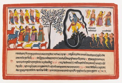 Krishna besiegt die Schlange Kaliya, Seite aus einer verstreuten Bhagavata Purana-Serie, ca. 1775 von Indian School