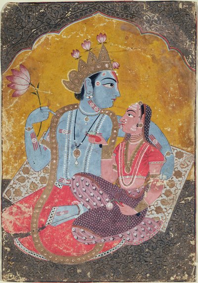 Krishna und Radha (ca. 1690-1700) (deckende Wasserfarben mit geprägtem Gold auf Papier) von Indian School