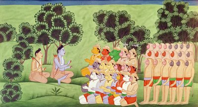 Lakshmana berät die Anführer der Affenarmeen, aus dem Ramayana von Indian School