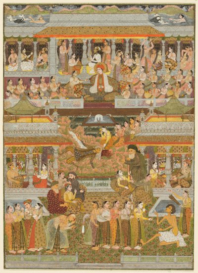 Liebende und Geliebte: Eine Komposition von Szenen aus persischer, urdu und sanskrit Literatur, ca. 1735 von Indian School