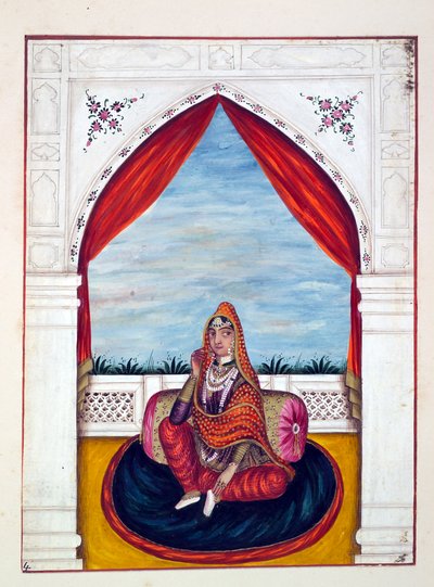 Maharani Chand Kaur, aus Das Königreich Punjab, seine Herrscher und Häuptlinge, Band I, ein Band mit 27 Aquarellstudien eines unbekannten indischen Künstlers, ca. 1840 von Indian School
