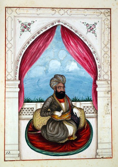 Nawab Mohammad Akhbar Khan, aus Das Königreich Punjab, seine Herrscher und Häuptlinge, Band II, ein Band mit 30 Aquarellstudien eines unbekannten indischen Künstlers, ca. 1840 von Indian School