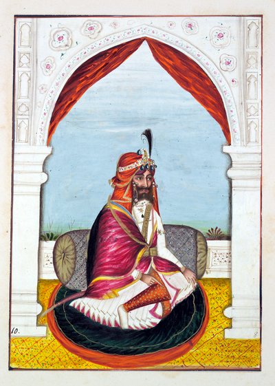 Rajah Suchet Singh, aus Das Königreich Punjab, seine Herrscher und Häuptlinge, Band I, ein Band mit 27 Aquarellstudien eines unbekannten indischen Künstlers, ca. 1840 von Indian School