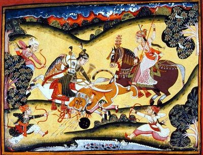 Rajput-Prinzessinnen töten einen Löwen, Bundi-Schule, ca. 1810-20 von Indian School