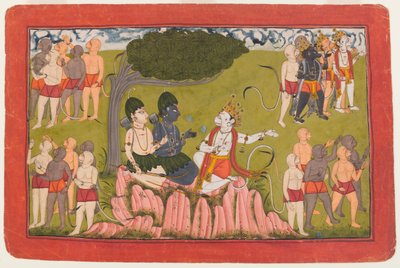 Rama und Lakshmana beraten sich mit Sugriva über die Suche nach Sita, Folio aus einer verstreuten Ramayana Serie, ca. 1770-10 von Indian School