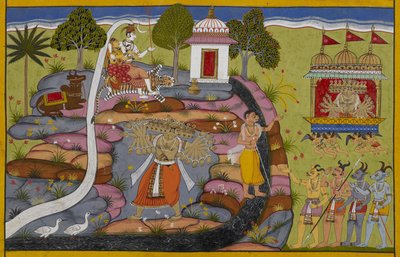 Ravana reitet auf dem Pushpaka-Wagen, hebt dann den Berg Kailasa an und schüttelt ihn, um Shiva herauszufordern von Indian School