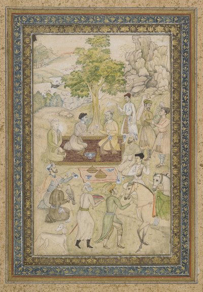 Sultan Murad und Sultan Daniyal bei einem Picknick, abgelöstes Albumblatt mit Malerei, ca. 1900 von Indian School