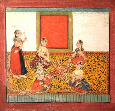 Frauen spielen Parcheesi, sitzen auf einem gelb gemusterten Bodenbelag, ca. 1725 von Indian School