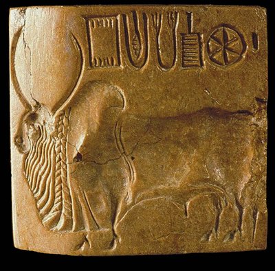 Zebu-Bullen-Siegel mit Indus-Schrift, gefunden in Mohenjo Daro, Industal von Indus Valley Civilisation.