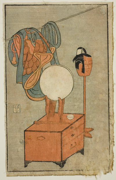 Schminktisch eines Schauspielers, aus "Ein Bilderbuch der Bühnenfächer (Ehon butai ogi)" von Ippitsusai Bunchō