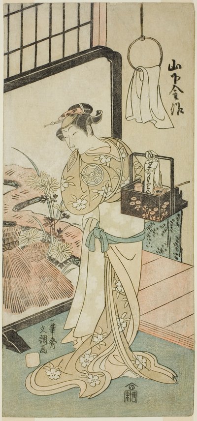 Der Schauspieler Yamashita Kinsaku II als Oume, Frau von Kisaku, im Stück Nue no Mori Ichiyo no Mato, aufgeführt im Nakamura Theater im elften Monat, 1770 von Ippitsusai Bunchō