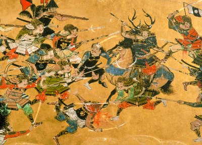 Mittlere zwei Tafeln, die Szenen aus der Schlacht von Osaka darstellen, Japan, 2005 von Ira Block
