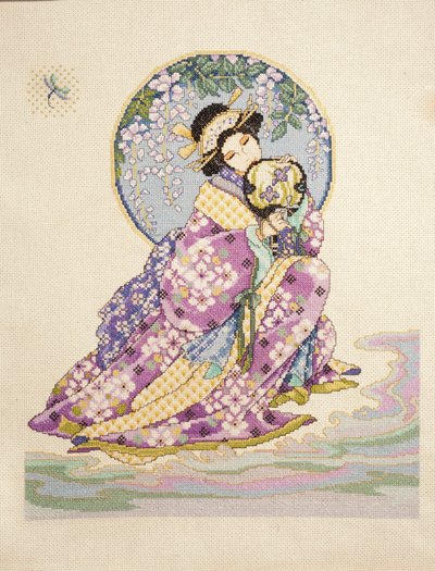 Kreuzstich einer Frau im Kimono mit Fächer von Ira Blount