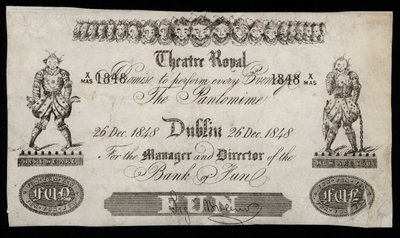 Werbung für eine Pantomime im Theatre Royal, Dublin, basierend auf einem Bank of Ireland-Banknote von Irish School