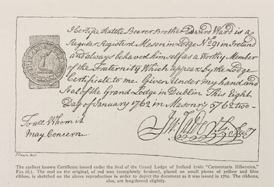 Faksimile des frühesten bekannten Zertifikats, ausgestellt unter dem Siegel der Großloge von Irland, datiert 1762 von Irish School