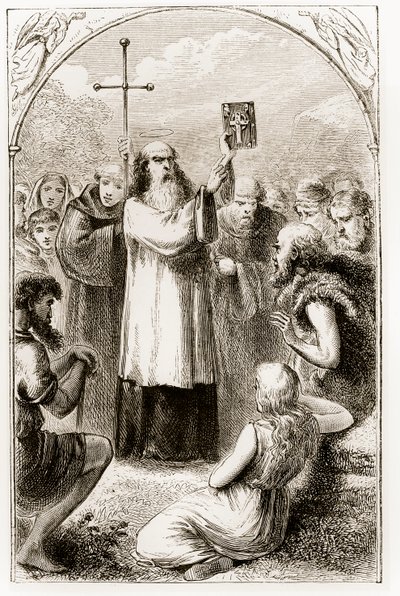St. Patrick zeigt den Menschen in Irland die vier Evangelien, aus The Trias Thaumaturga, oder Drei Wunderwirkende Heilige von Irland, von Mary Cusack (1829-99) veröffentlicht um 1890 von Irish School