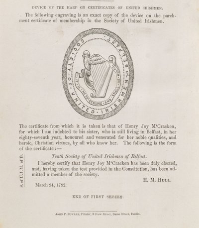 Das Siegel der Gesellschaft der Vereinigten Iren von Belfast, ca. 1792 von Irish School