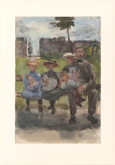 Ein Mann mit drei Mädchen auf einer Bank im Oosterpark in Amsterdam von Isaac Israels