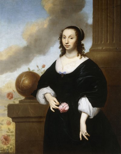Porträt einer Dame, stehend in Dreiviertellänge, in einem schwarzen Satinkleid mit weißer Spitzenbesatz von Isaac Luttichuys