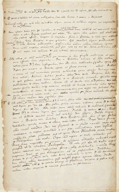 Aufzeichnung eines Experiments in sechs Stufen, beginnend mit Destillation, gefolgt von Verbrennung, weiterer Destillation, Dekoktion, Kalzination und Sublimation, ca. 1700 von Isaac Newton