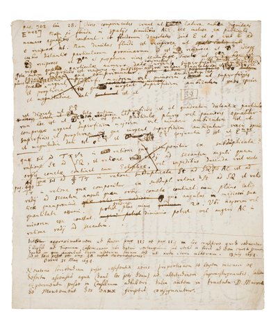 Zwei Seiten mit Überarbeitungen der Principia Mathematica von Isaac Newton